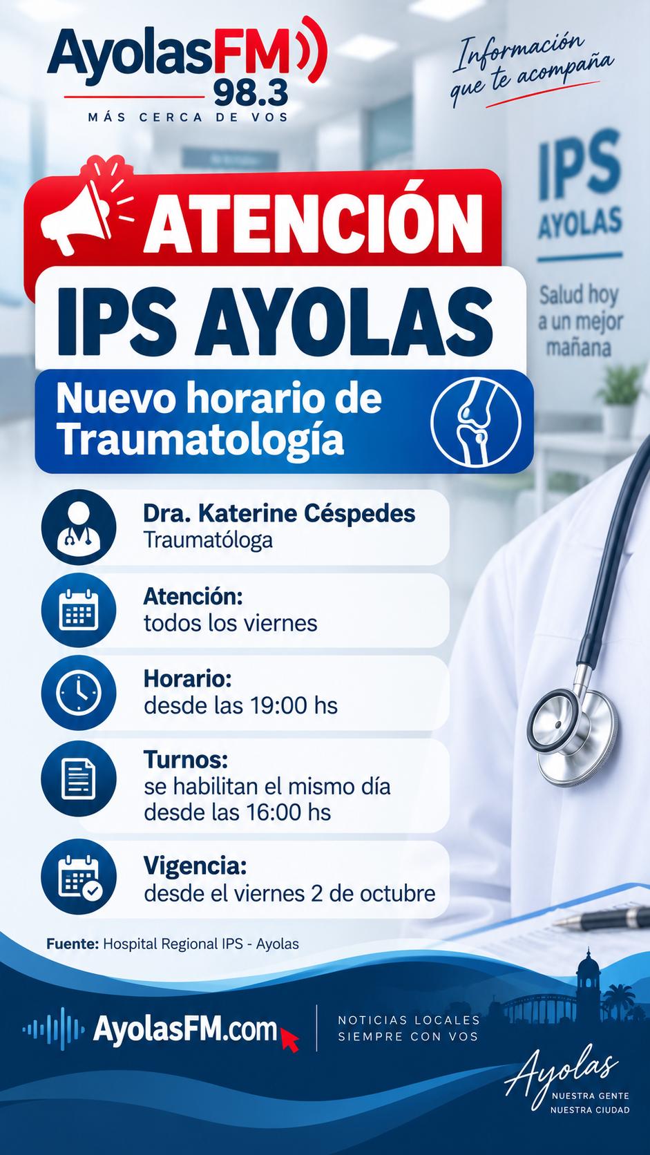 Nuevo horario de atención de Traumatología en IPS Ayolas con la Dra. Katerine Céspedes