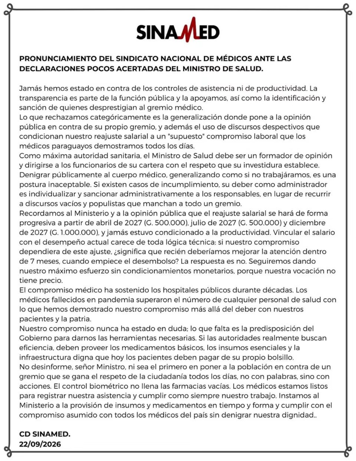 Pronunciamiento del Sindicato Nacional de Médicos sobre las declaraciones del ministro de Salud, fechado el 22 de septiembre de 2026.